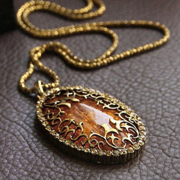 Vintage Styled Amber Hollow Long chain Sweater Pendant Necklace - Picture 1 of 8